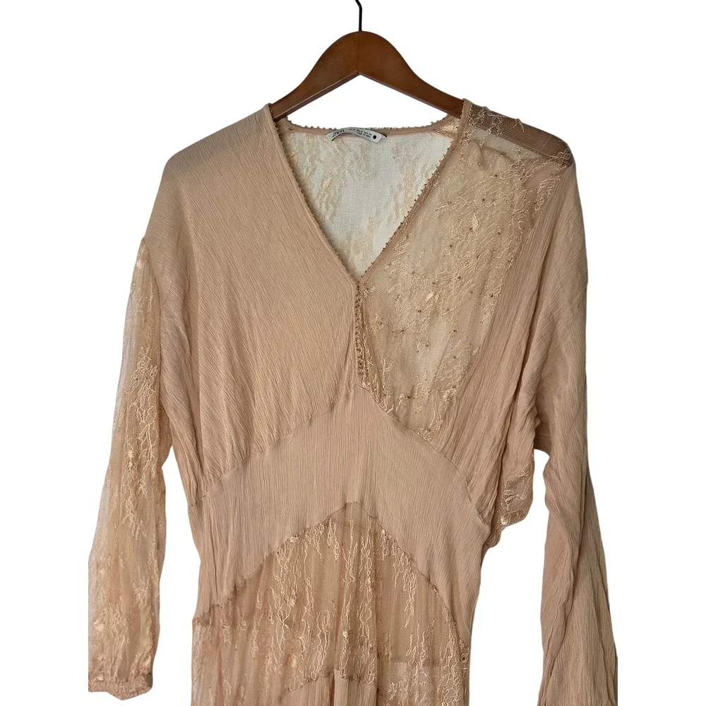 ZARA Women's Beige sheer Lace Trim V-Neck Maxi Dress M - Picture 2 of 9